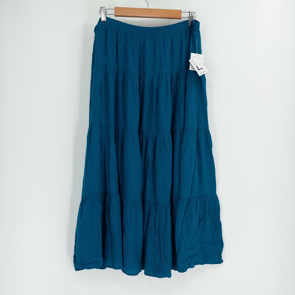 Vintage Sag Harbor Maxi Skirt Women L Flowy Teal Blue Tiered Boho Peasant Hippie